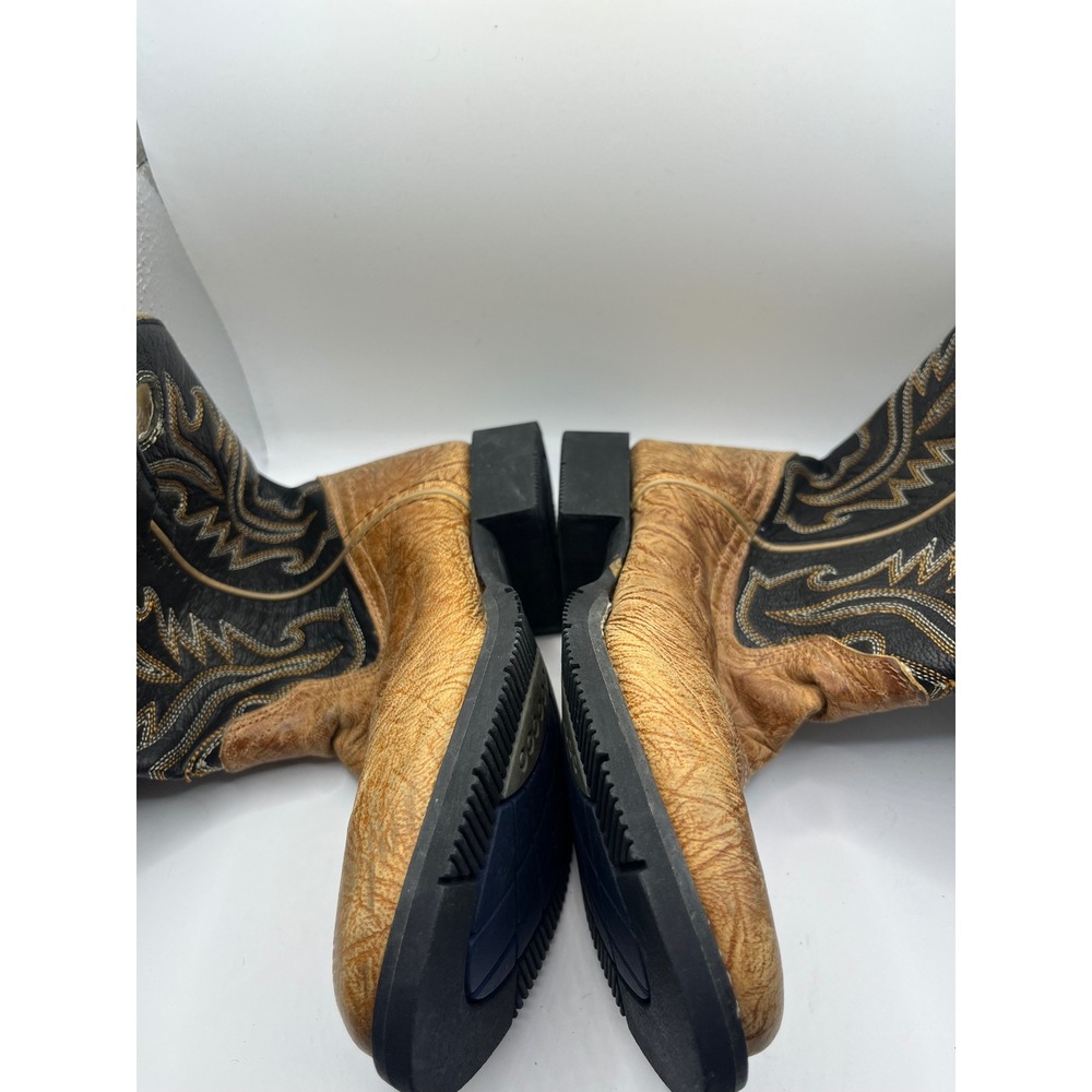 Old West Kids Leather Cowboy Boots CW2553 Tan Black Western Style Size 10 - Picture 3 of 7